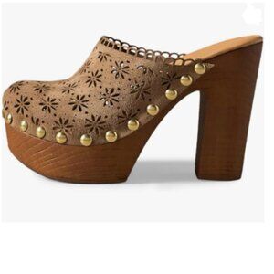 FOWT Tan Studded Round Toe Floral Cut Out Platform Mules Chunky High Heel Sandal